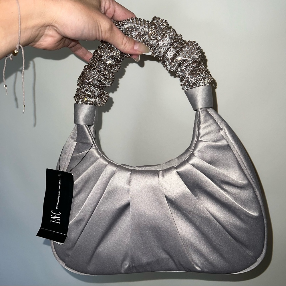 International Concept Gray Crystal Embellished Handle Shoulder Purse Brand New